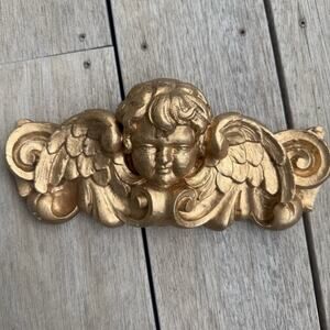 Vintage Art Noveau Gilted Plaster Gold Cherub With Wings Wall Plaque Whimsygoth